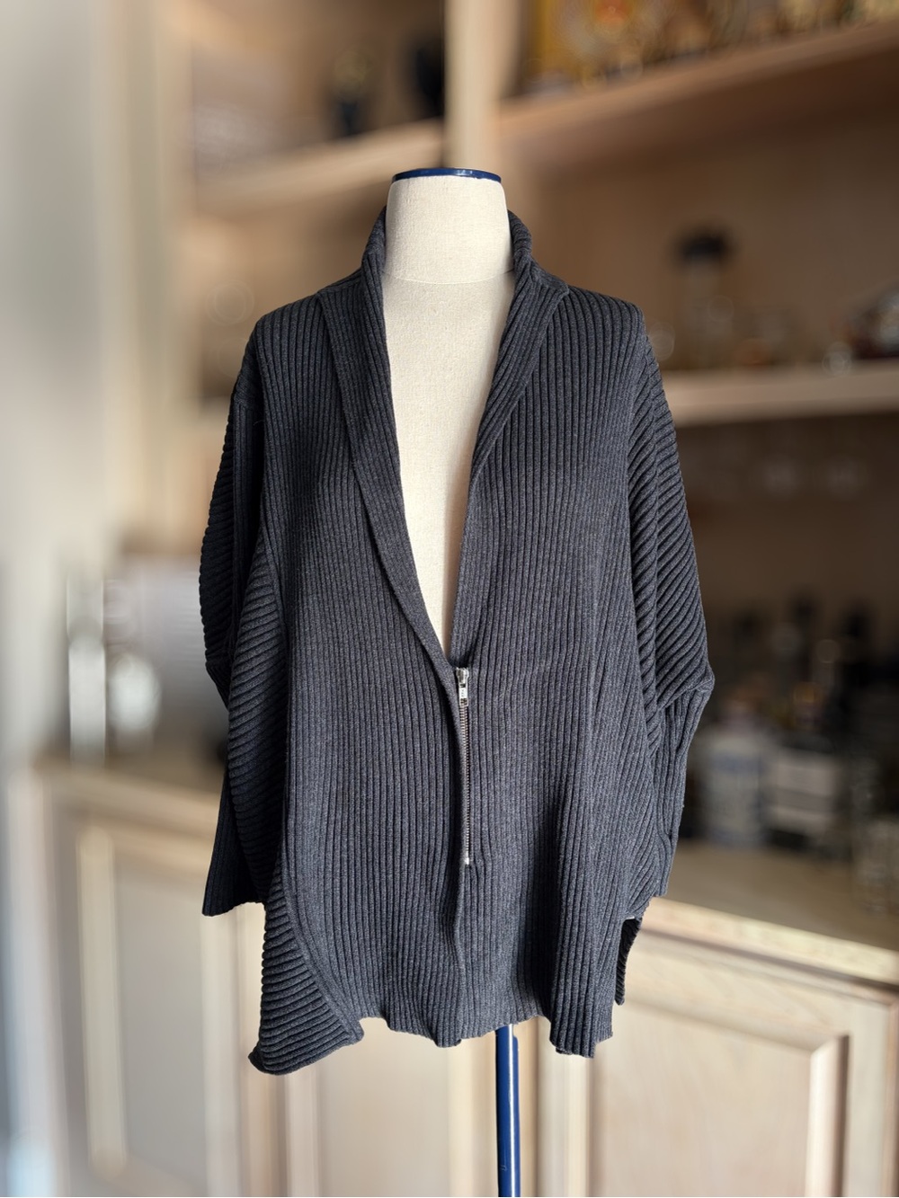 Cabi Charcoal Ribbed Zip-Front Cardigan